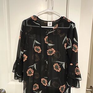 CAbi Black and Orange Ruffled Blouse with Bell Sleeves